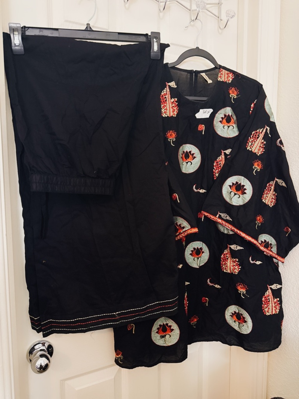 2 pc Black Top with Red and Cream Floral Embroidery